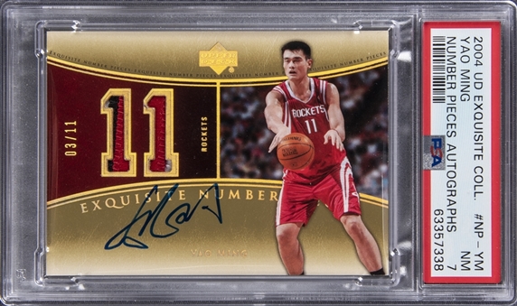 2004-05 UD "Exquisite Collection" Number Pieces Autographs #NP-YM Yao Ming Signed Patch Card (#03/11) - PSA NM 7